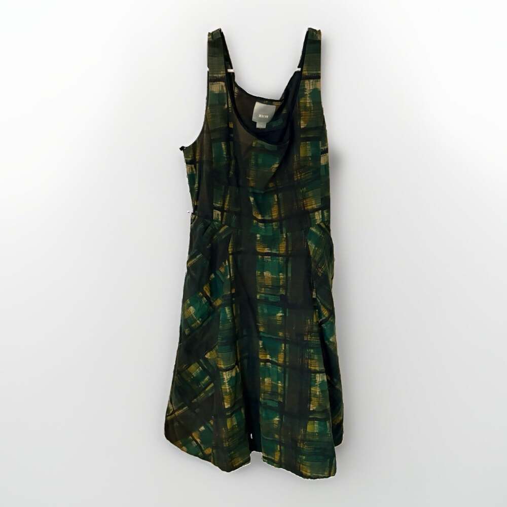 Anthropologie Maeve Green Painted Plaid Sleeveless Flare Dress - Size 12 No Belt